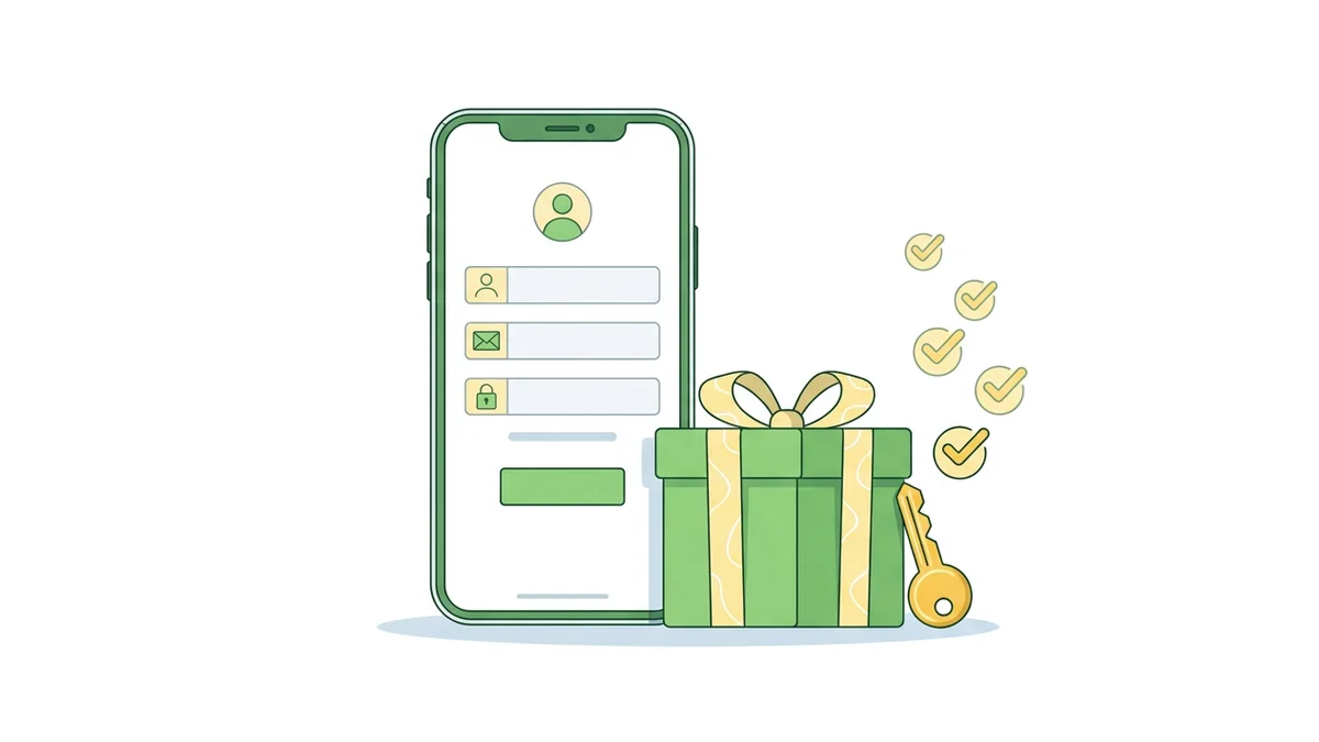 Chytrý telefon s registračním formulářem a dárkovou krabičkou symbolizující uvítací bonus bez vkladu